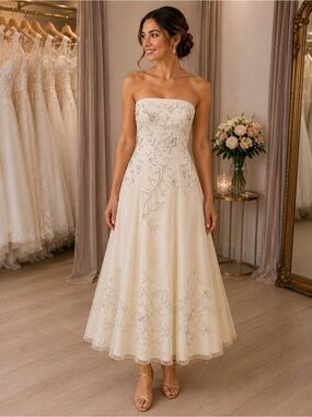 Tiffany Designs Strapless Ivory A-Line Wedding Gown with Silver Embroidery